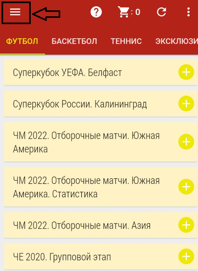 Кнопка меню в приложении БК Tennisi