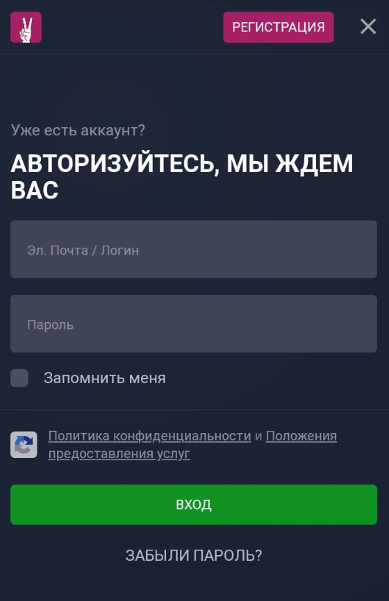 Форма авторизации в мобильной версии сайта БК VivaroBet