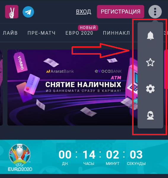 Быстрый переход к обзору оповещений, разделу «Избранное», лайв-чату и настройкам сайта в мобильной версии сайта БК VivaroBet