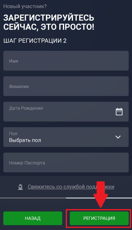 Ввод персональных данных при регистрации в мобильной версии сайта БК VivaroBet