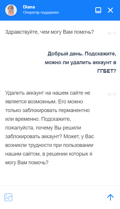 Общение с операторов в лайв чате на сайте GGBet