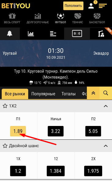 Выбор исхода для заключения пари в мобильной версии сайта БК Betandyou