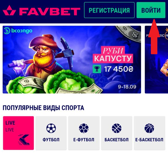 Кнопка авторизации в мобильном приложении Favbet для Android