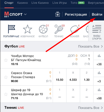 Кнопка авторизации в мобильном приложении Marathonbet для iOS
