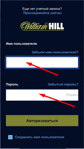 Форма авторизации в мобильном приложении William Hill для iOS