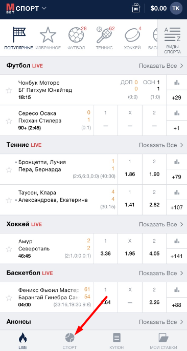 Раздел прематч ставок в приложении Marathonbet для iOS 