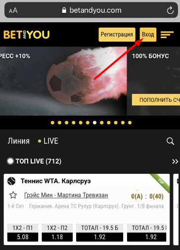Кнопка авторизации в мобильной версии сайта БК Betandyou