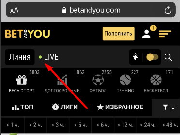 Раздел линия в мобильной версии сайта БК Betandyou