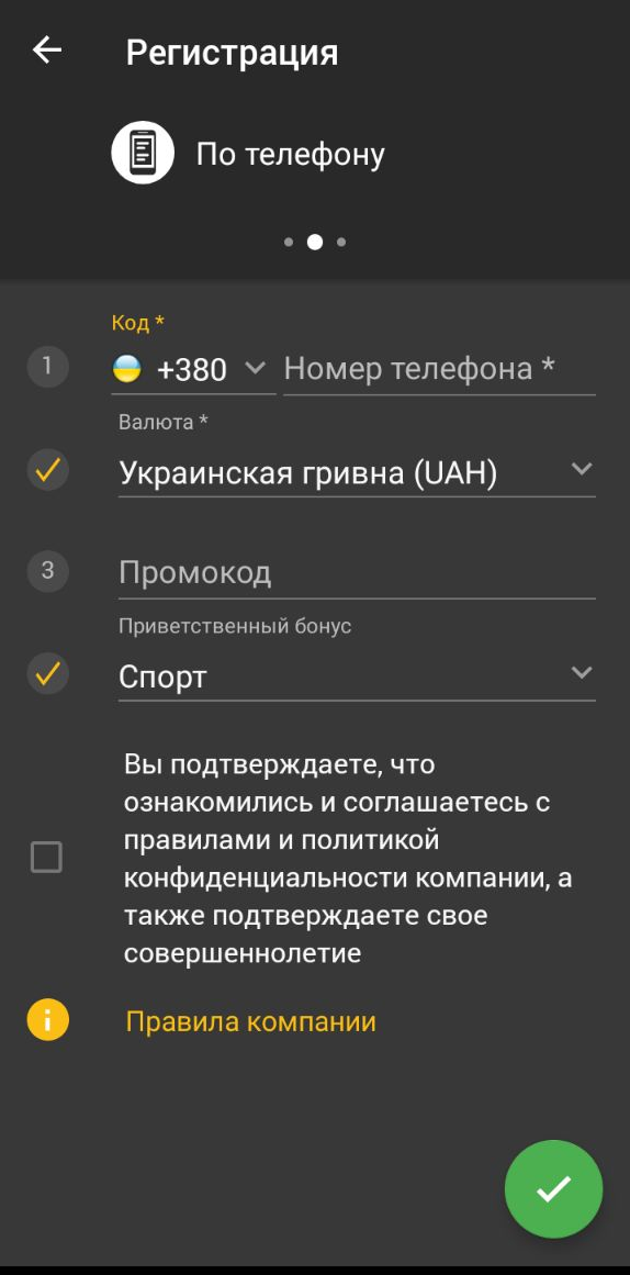 Начальный этап регистрации по телефону в мобильном приложении Betandyou для Андроид