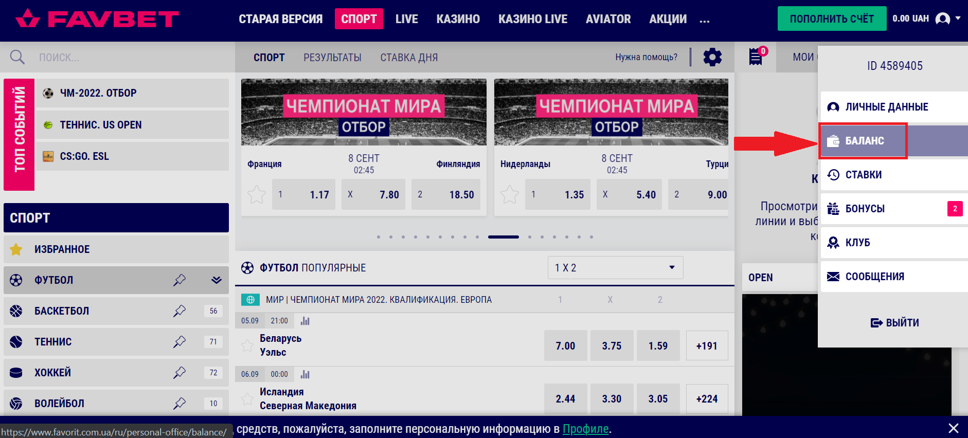 "Баланс" в меню профиля на сайте БК Favbet
