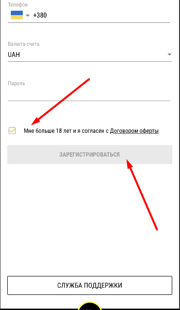 Согласие с правилами при регистрации в мобильном приложении Parimatch для iOS