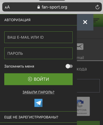 Форма авторизации в мобильной версии сайта БК Фан Спорт