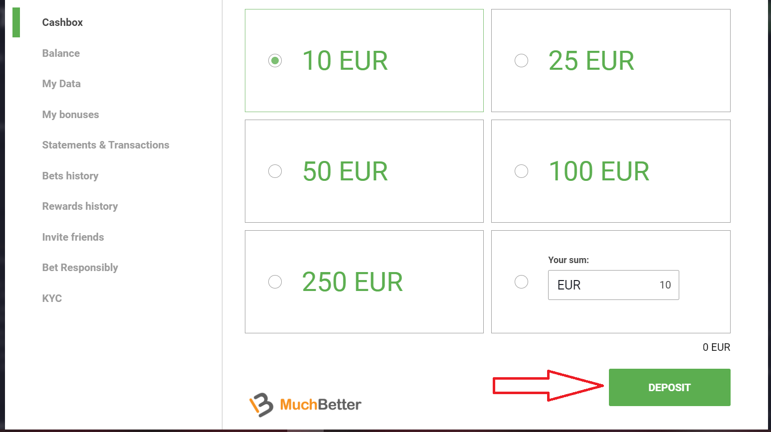 Поле для ввода суммы для пополнения счета при помощи платежной системы MuchBetter на сайте БК GGbet