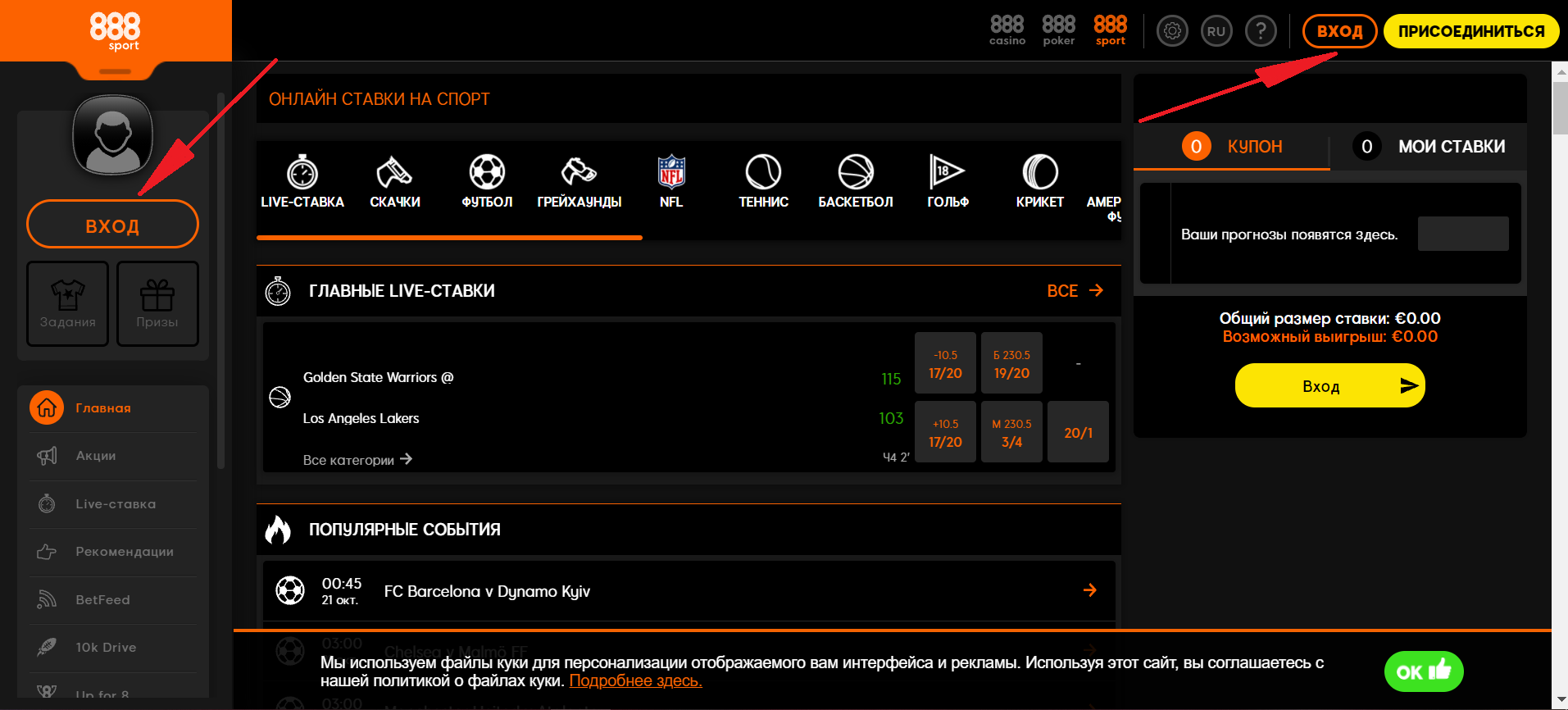 Кнопка авторизации на сайте БК 888Sport