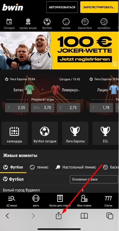Кнопка "Поделиться" в браузере Safari для iOS