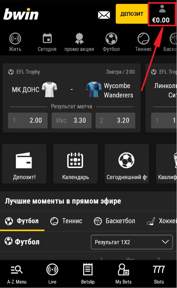 Кнопка вызова меню профиля в мобильном приложении БК Bwin