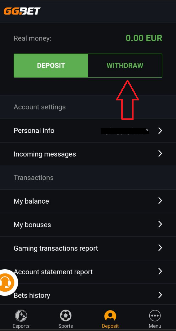 Вкладка Withdraw в мобильном приложении GGbet для Android