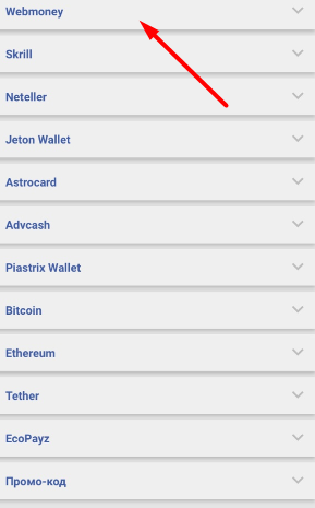 Выбор метода пополнения счета при помощи WebMoney в мобильном приложении Betcity для iOS