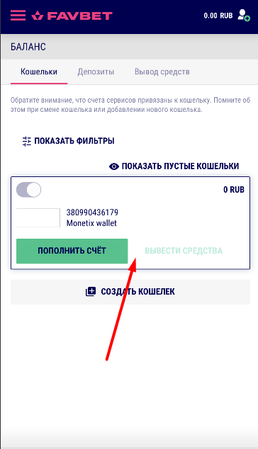 Выбор способа пополнения счета в приложении Favbet для iOS