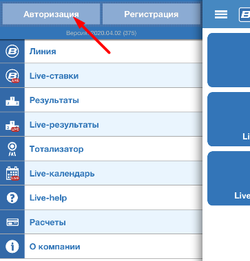Кнопка авторизации в мобильном приложении Betcity для iOS