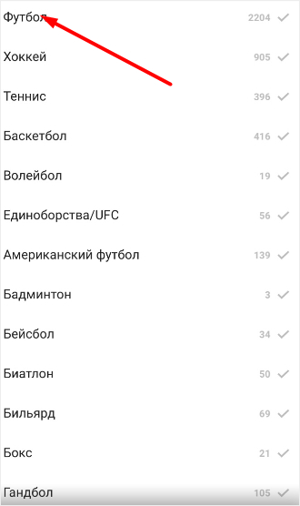 Выбор вида спорта для заключения пари в мобильном приложении Betcity для iOS