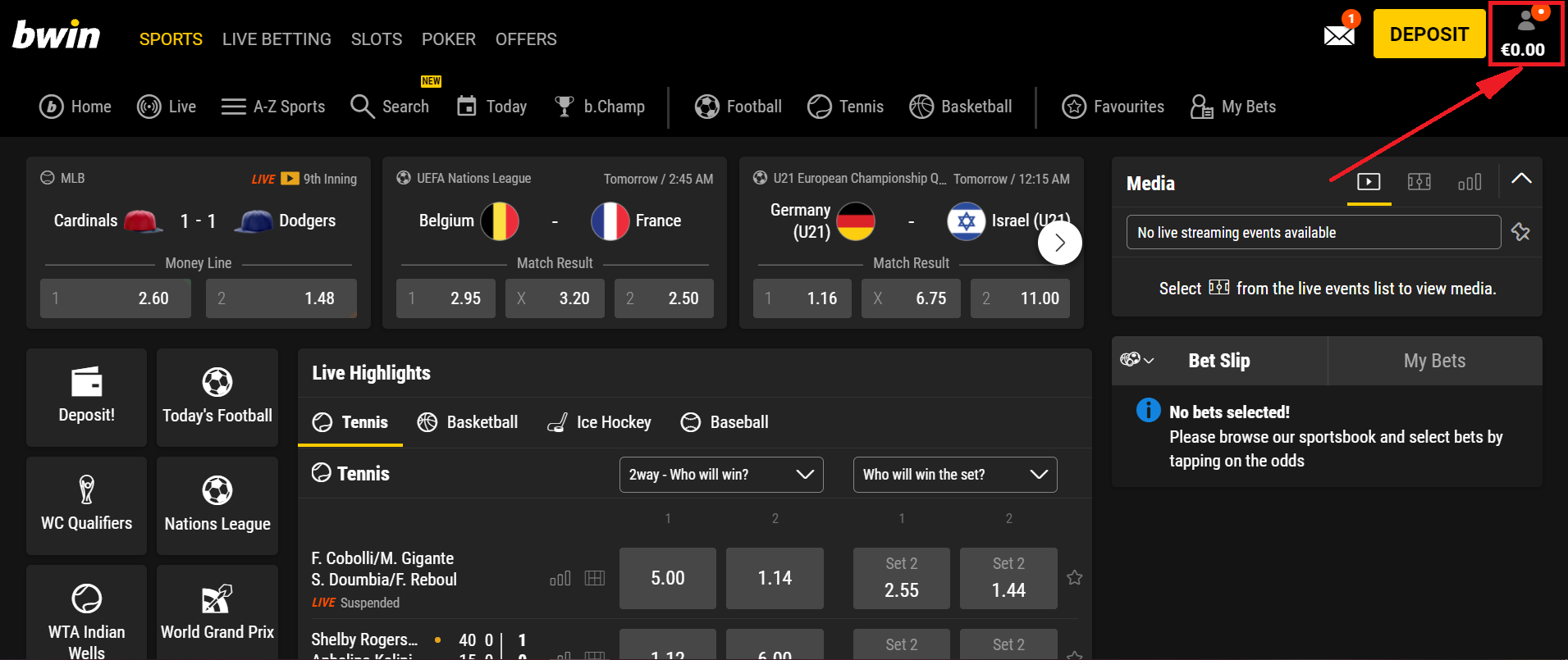 Кнопка вызова меню профиля на сайте БК Bwin