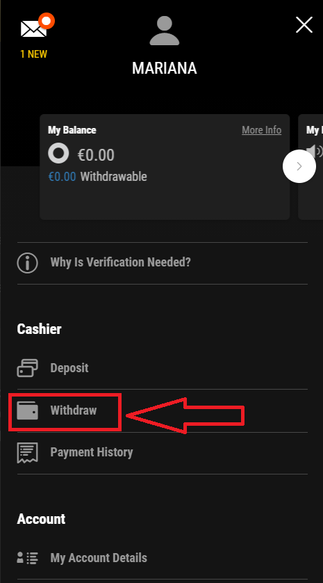 Опция снятия со счета в меню профиля на сайте БК Bwin