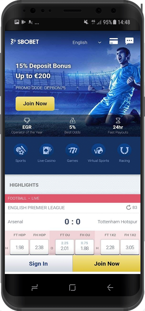 Главная страница мобильной версии сайта БК Sbobet