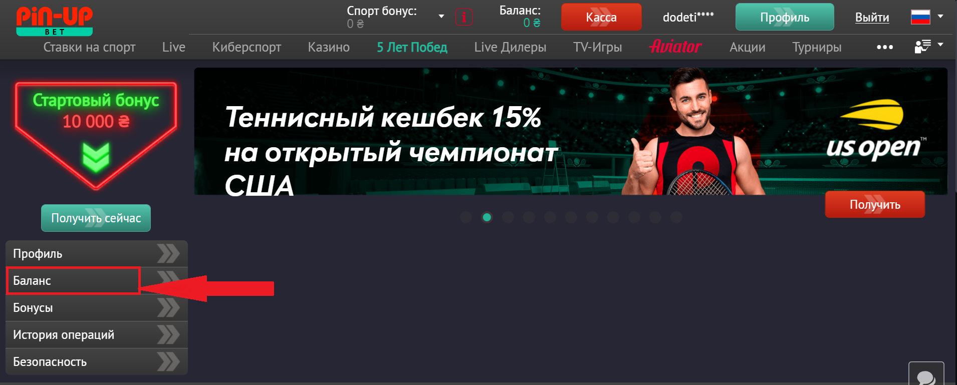 Подраздел «Баланс» в меню профиля на сайте БК Pin-Up.bet