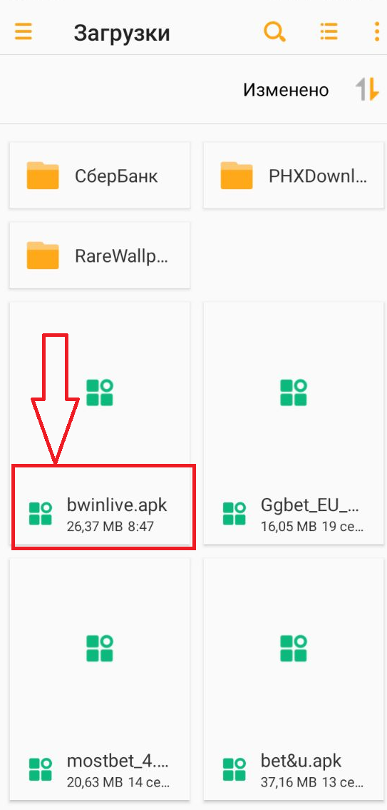 Скачанный apk файл приложения БК Bwin 