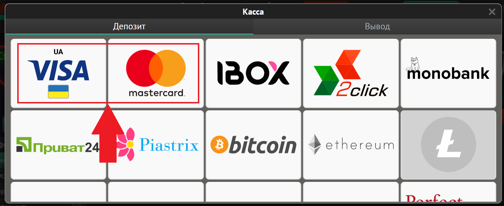Выбор типа банковской карты для пополнения счета на сайте БК Pin-Up.bet