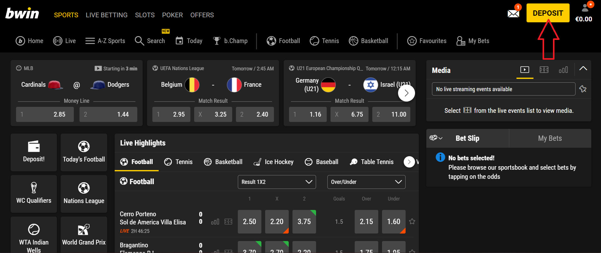 Кнопка Deposit на сайте БК Bwin