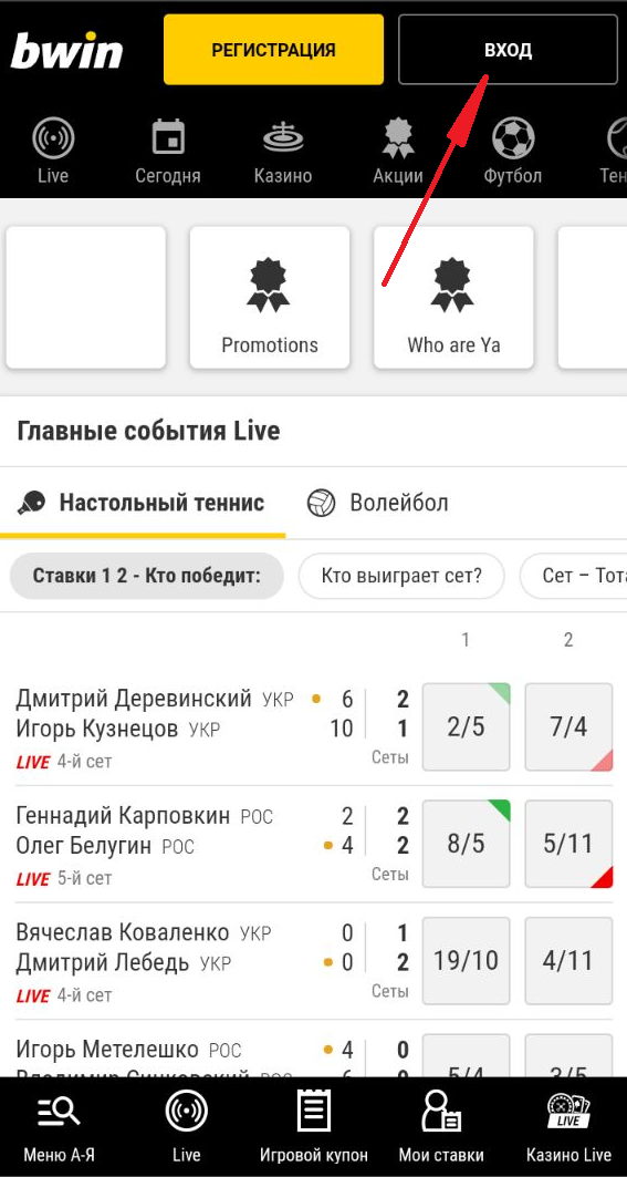 Кнопка авторизации в мобильном приложении БК Bwin