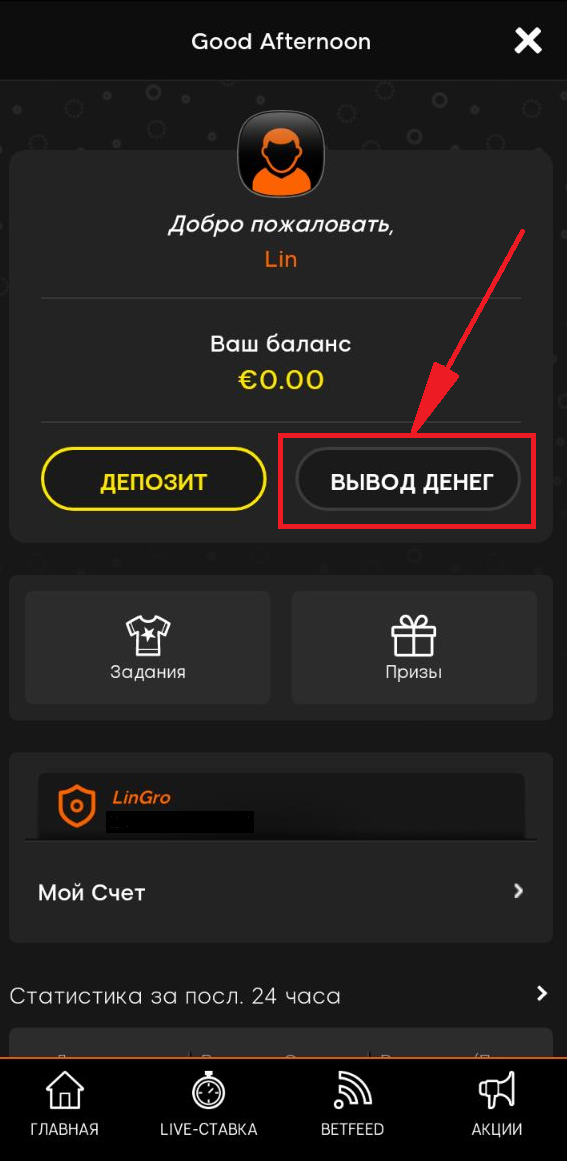 Кнопка вывода денег в окне профиля в мобильном приложении БК 888Sport для андроид