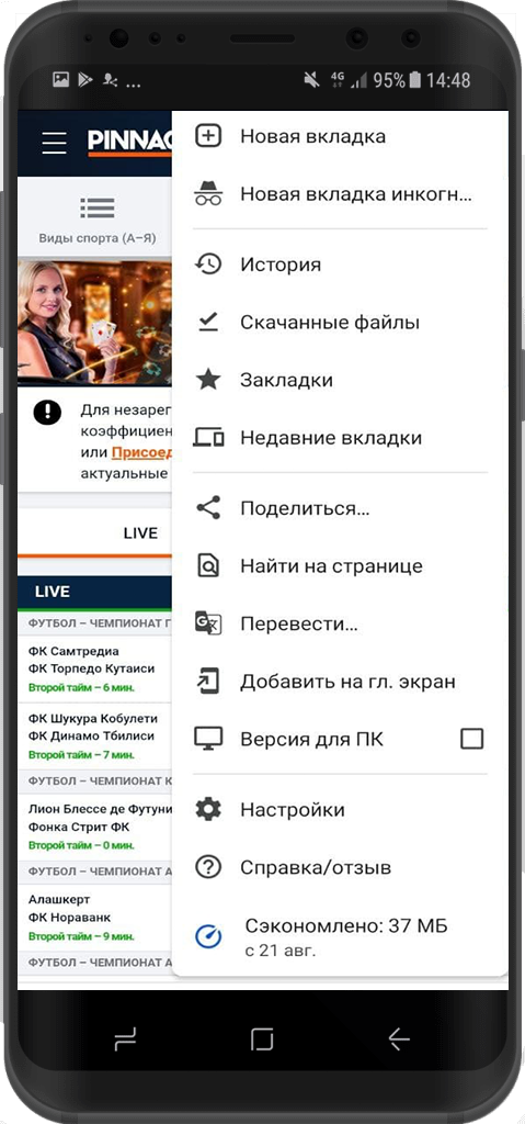 Меню мобильной версии сайта БК Pinnacle