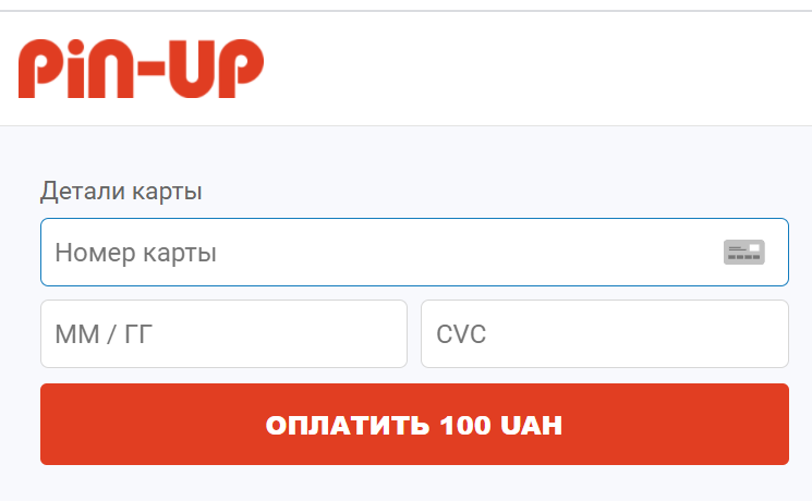 Форма для ввода реквизитов банковской карты для пополнения счета на сайте БК Pin-Up.bet