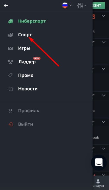 Переход в раздел «Спорт» в мобильной версии сайта БК Loot.bet