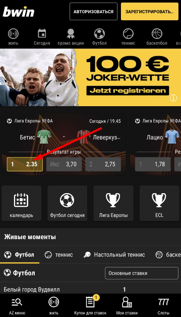 Выбор исхода для заключения пари в мобильной версии сайта БК Bwin