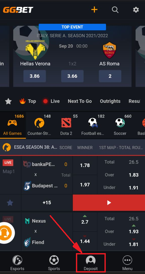 Кнопка Deposit в мобильном приложении GGbet для Android