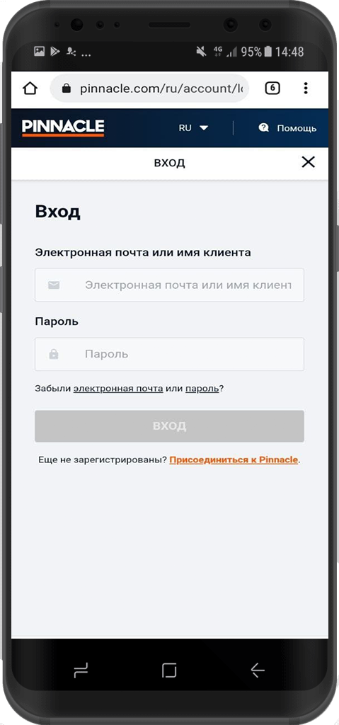 Форма авторизации в мобильной версии сайта БК Pinnacle