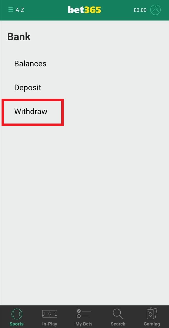 Кнопка вывода средств в разделе Bank в мобильном приложении БК Bet365 для Android
