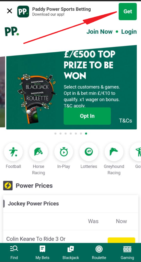 Кнопка скачивания файла мобильного приложения БК Paddy Power для Андроид с мобильной версии