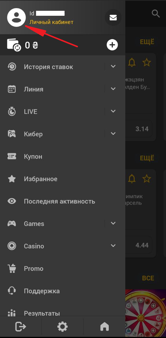 Значок профиля в приложении Betandyou для Андроид