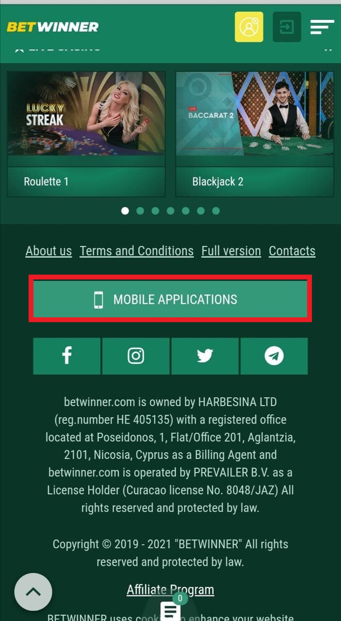 Кнопка Mobile applications в мобильной версии сайта БК Betwinner