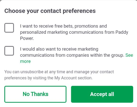 Подписка на рекламную рассылку после регистрации в мобильном приложении БК Paddy Power для андроид