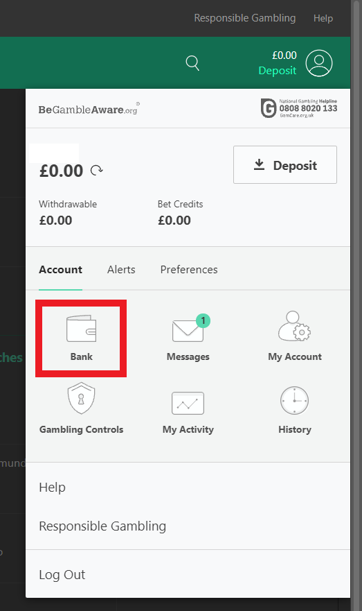 Переход в раздел Bank в мобильном приложении БК Bet365 для Android