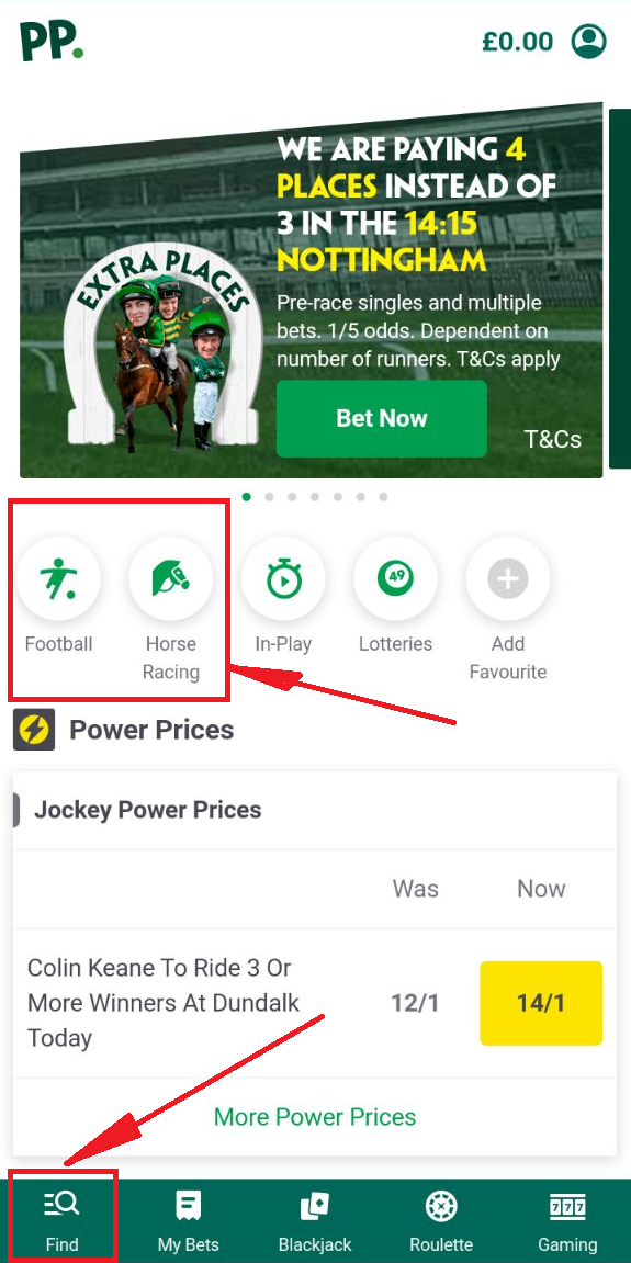 Меню поиска события в мобильном приложении БК Paddy Power для андроид