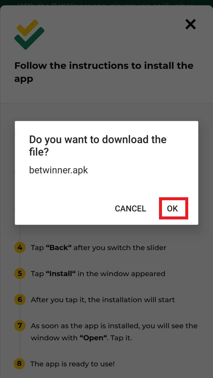 Подтверждение скачивания apk файла мобильного приложения БК Betwinner
