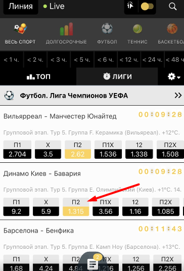 Выбор исхода для заключения пари в мобильной версии БК Betandyou