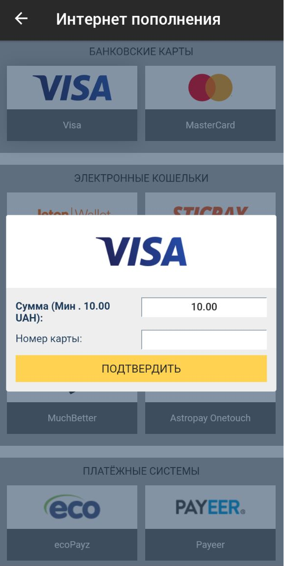 Ввод суммы для вывода денег со счета на банковскую карту VISA в приложении БК Betandyou для Анндроид